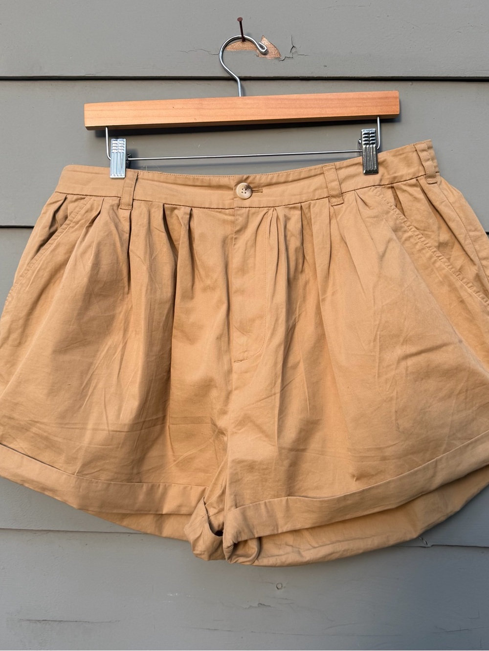 Doen Paige Tan High-Waist Pleated cotton poplin Shorts Sz 14